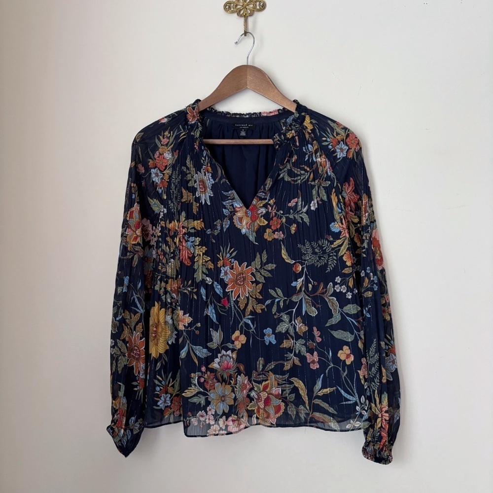 Current Air Metallic Floral Pleated V Neck Blouse Small